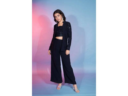 Navy Georgette Sequence With Thread Designer Co-Ord Set - Flory - Distacart