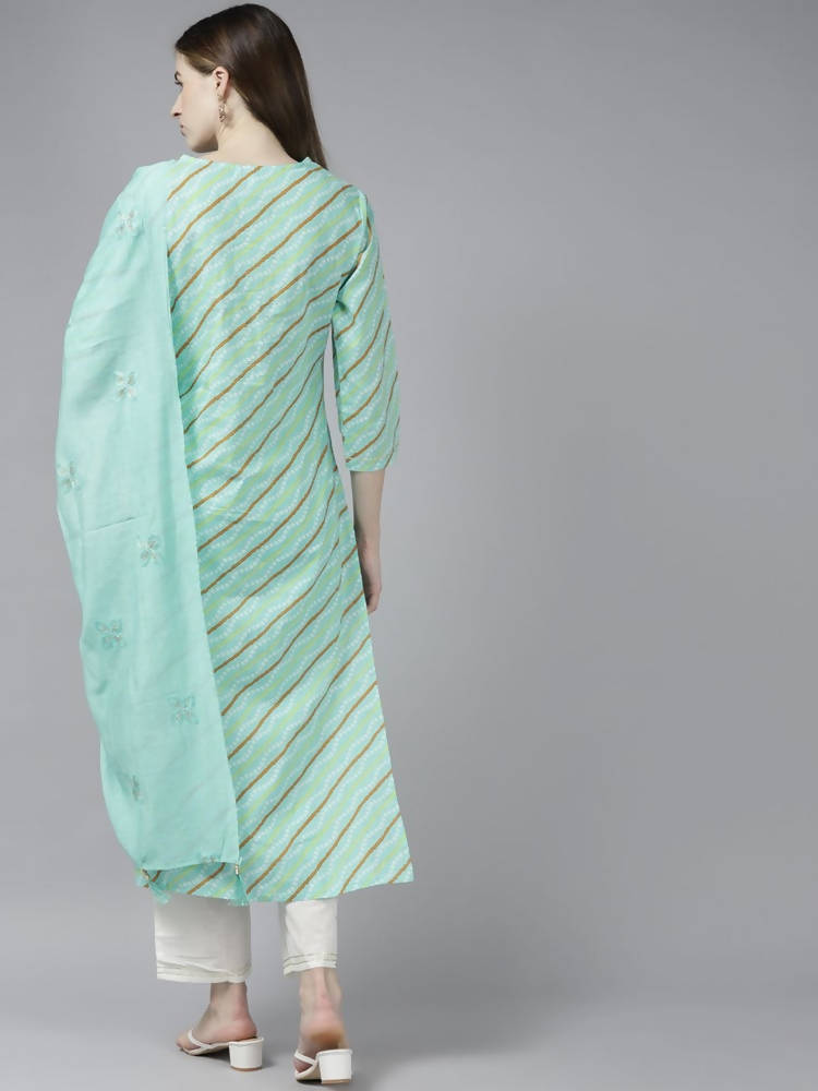 Yufta Women Green Bandhani Yoke Design Pure Cotton Kurta with Palazzo and Dupatta