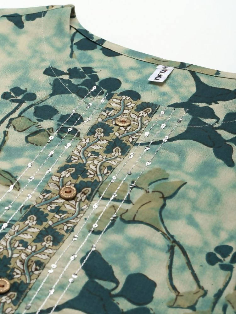 Yufta Women Teal and Beige Floral Dyed Pure Cotton Kurta with Palazzo and Dupatta