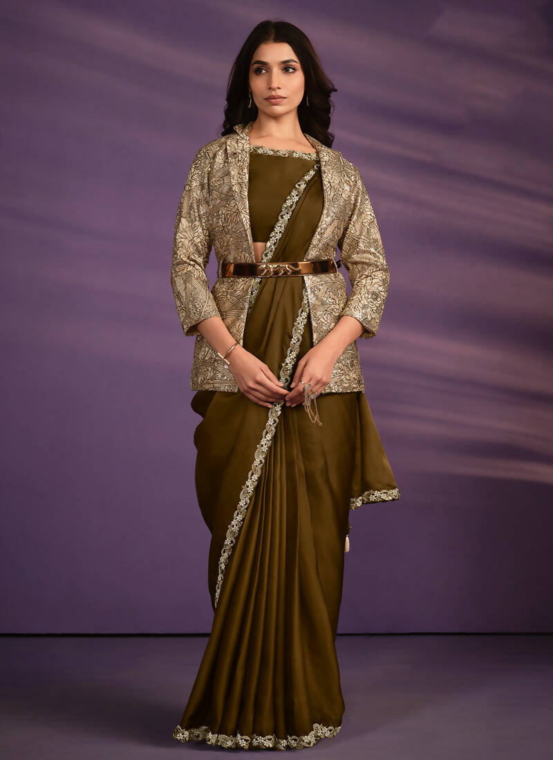 Olive Crepe Shimmer Silk Embroidered Saree With Stitched Blouse - Mohmanthan Exotica - Distacart
