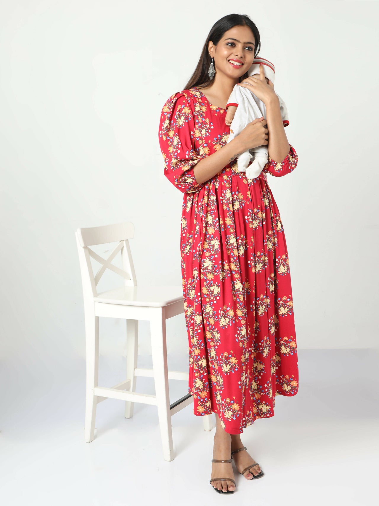Manet Three Fourth Maternity Dress Floral Print With Concealed Zipper Nursing Access - Red - Distacart