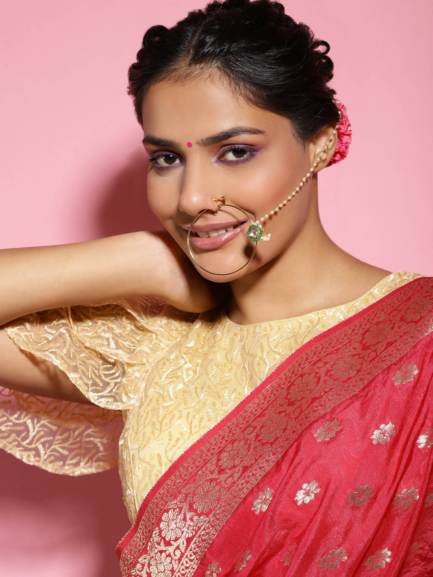 Gold-Plated Green White Kundan Studded Beaded Chained Nosepin - Ruby Raang - Distacart