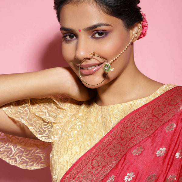 Gold-Plated Green White Kundan Studded Beaded Chained Nosepin - Ruby Raang - Distacart