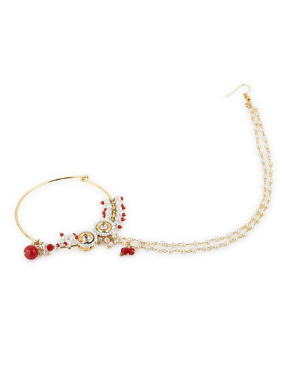 Gold-Plated White Red Kundan Studded Beaded Chained Nose Ring - Ruby Raang - Distacart
