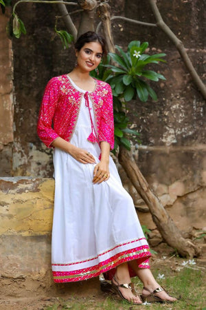 Yufta White and Pink Dress with Ethnic Jacket