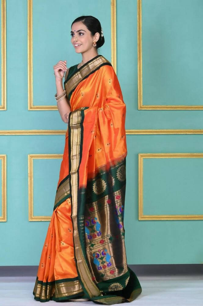 Very Much Indian Authentic Pure Silk Handloom Orange Maharani Paithani - Distacart