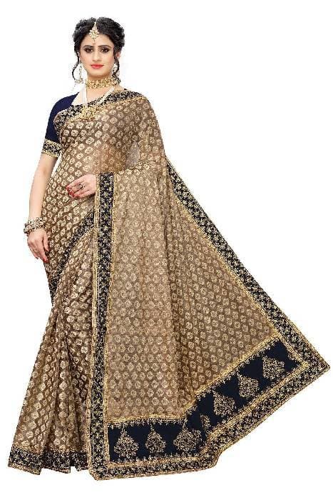 Vamika Brown Terry Jaquard/Terry Cotton Embroidery Saree (JHARMAR NAVY)