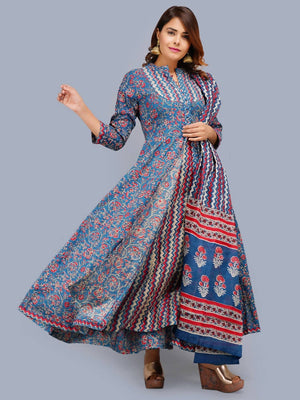Shehnai Blue Anarkali Double Dress With Matching Printed Dupatta