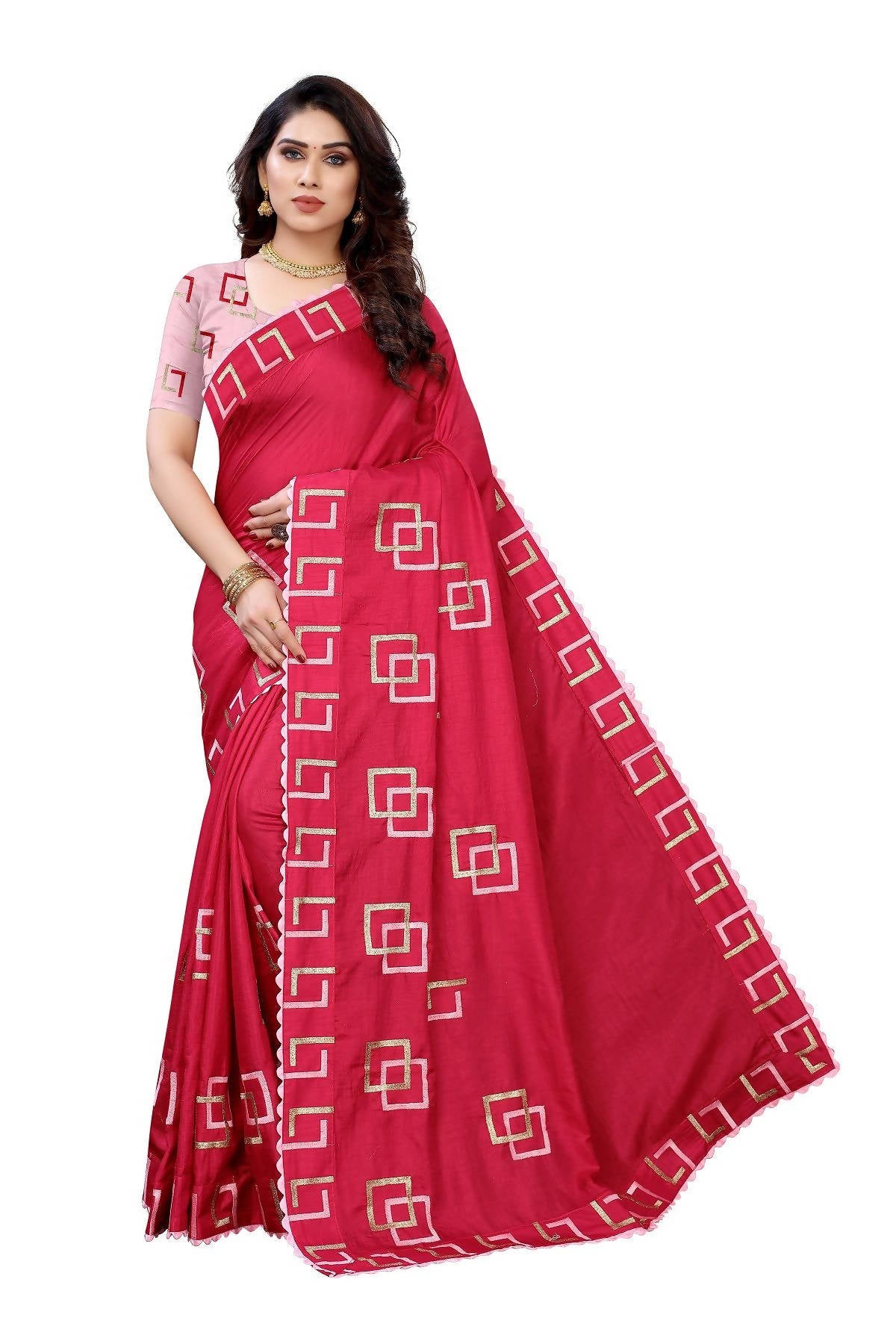 Vamika Red Dola Silk Embroidery Saree (MESHVI PINK) - Distacart