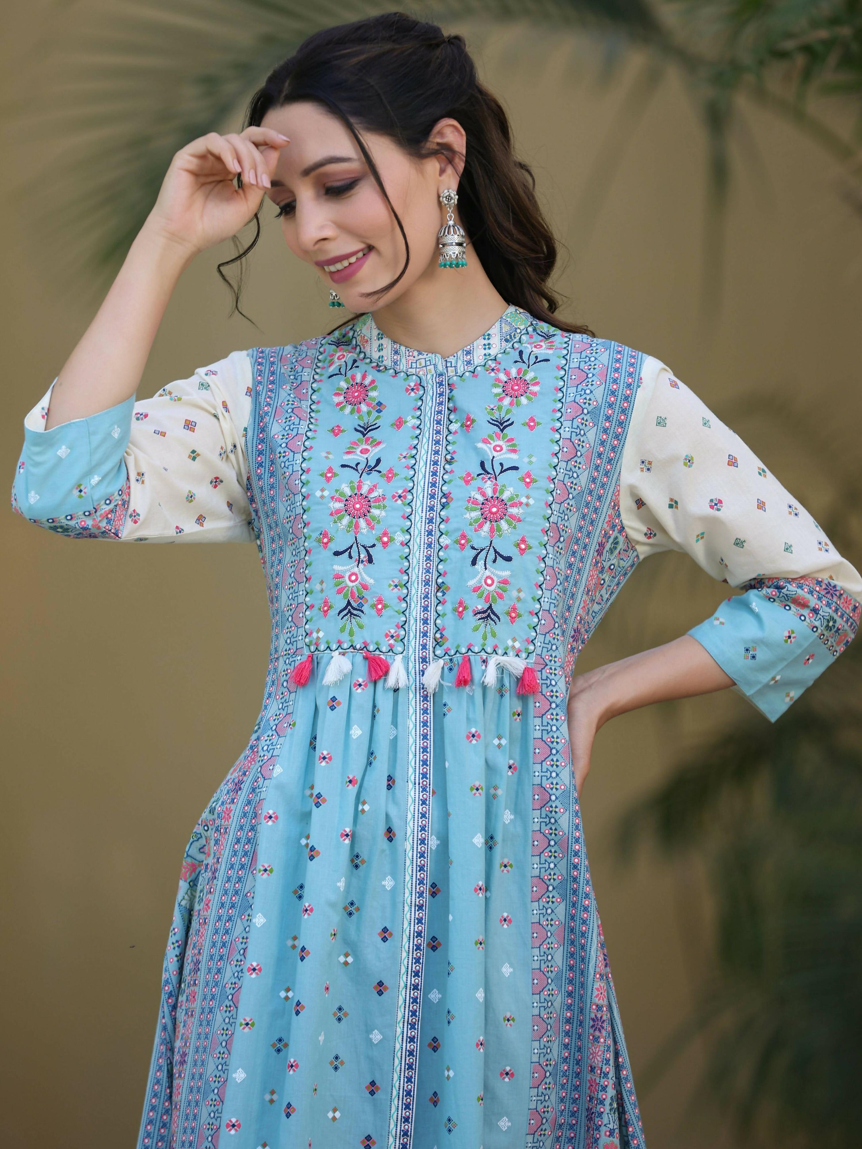 Juniper Women's Skyblue Cambric Printed Flared Dress - Distacart