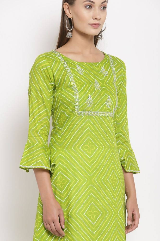 Myshka Women's Green Cotton Printed Full Sleeve Round Neck Casual Dress