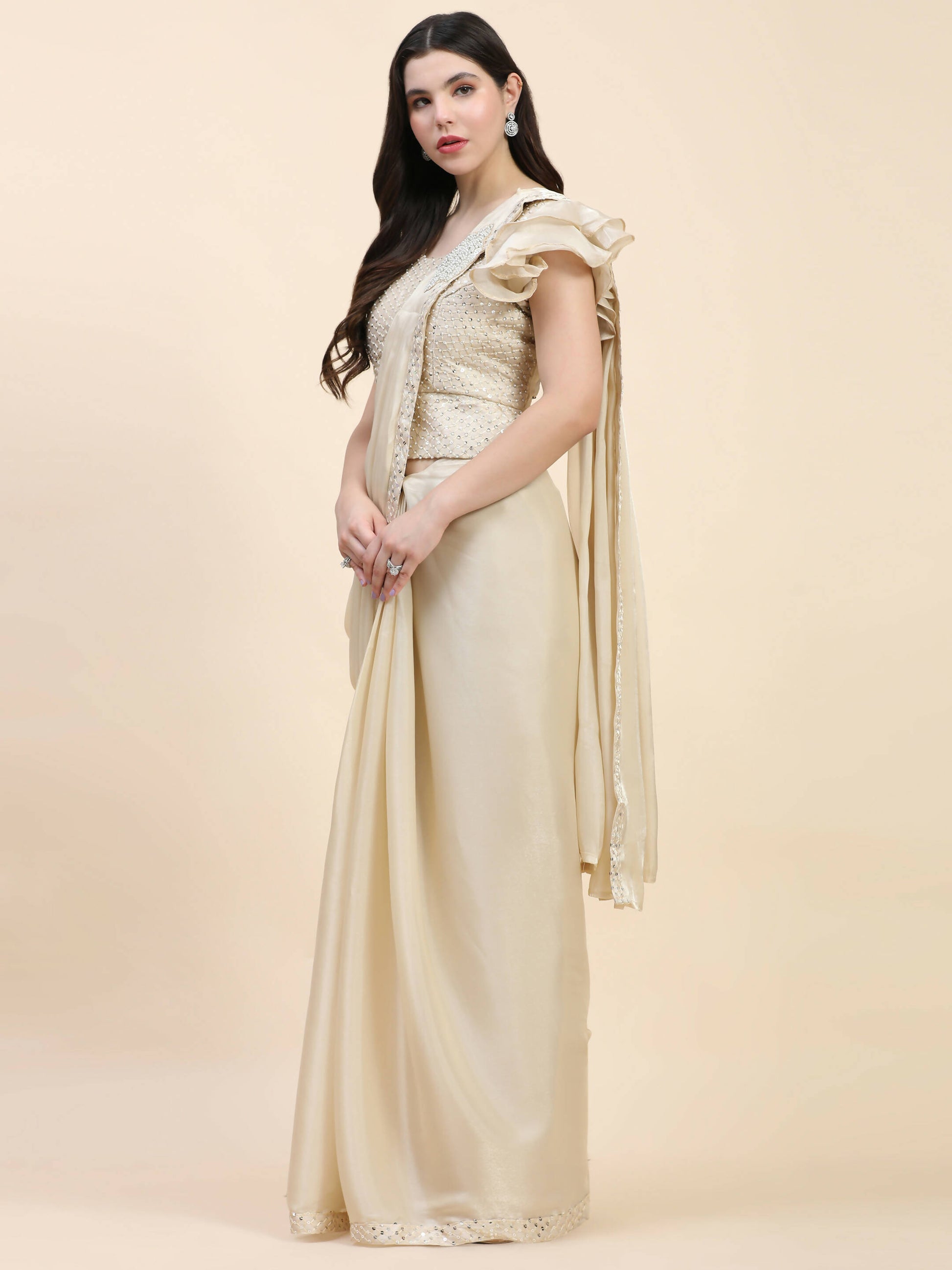 Beige Silk Satin Sequence Work Ready to Wear Saree with stitched Blouse - Nirvana - Distacart