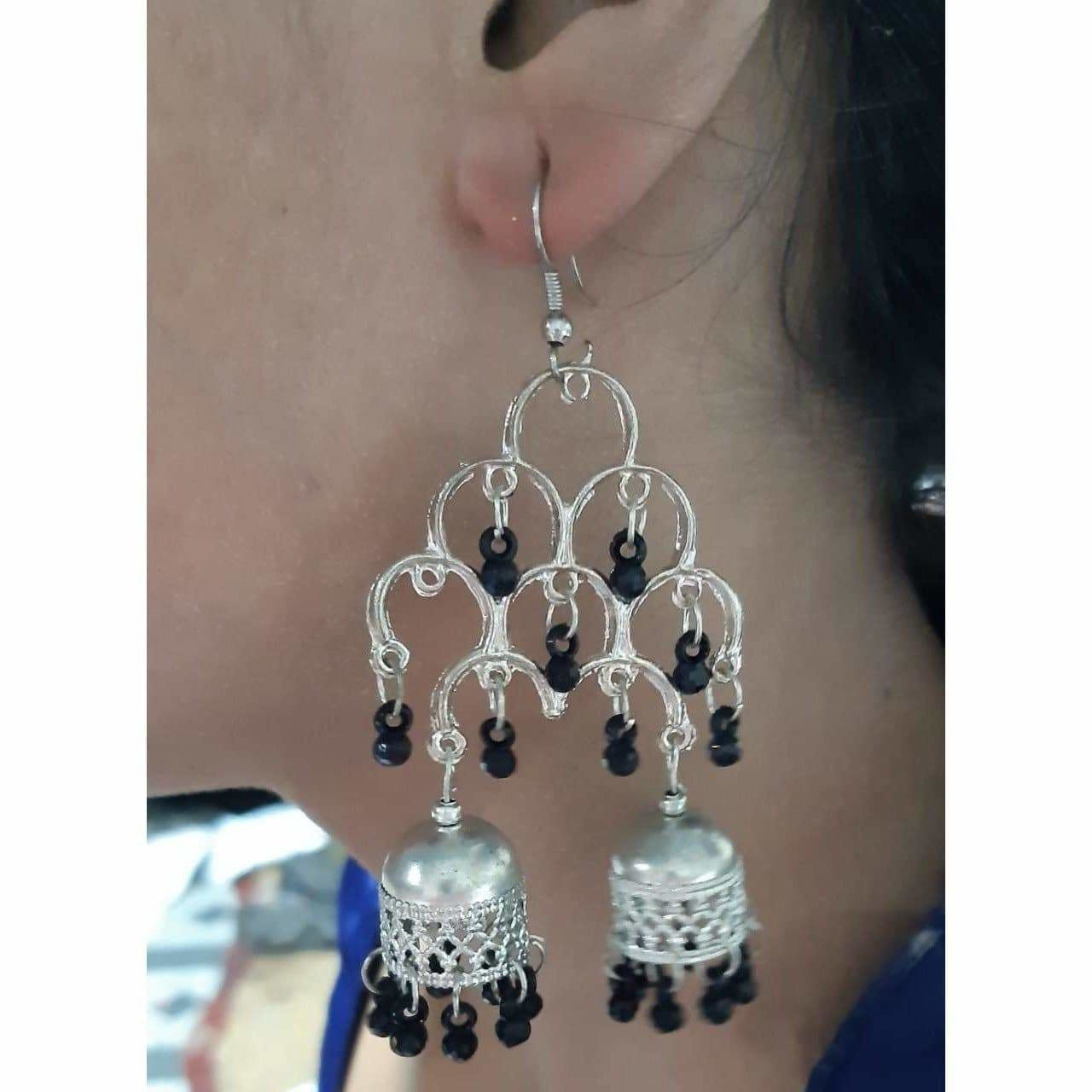 Silver Oxidized Fashion Traditional Double Jhumka Long Black Pearls Earrings