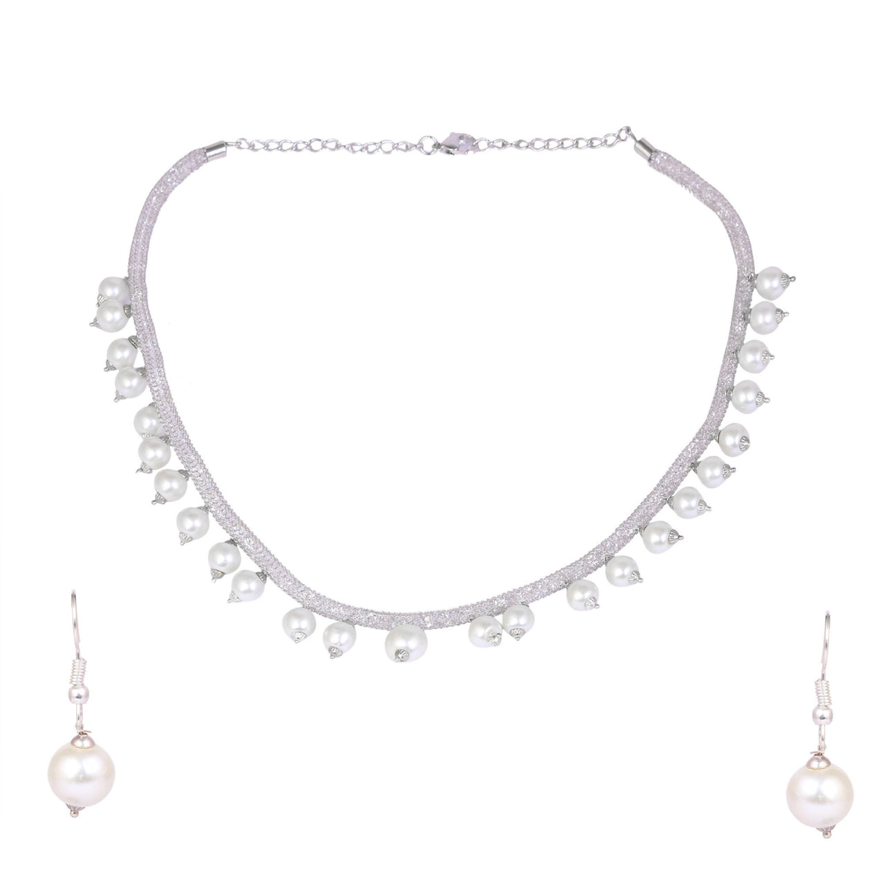Tehzeeb Creations White Colour Necklace And Earrings With White Pearl