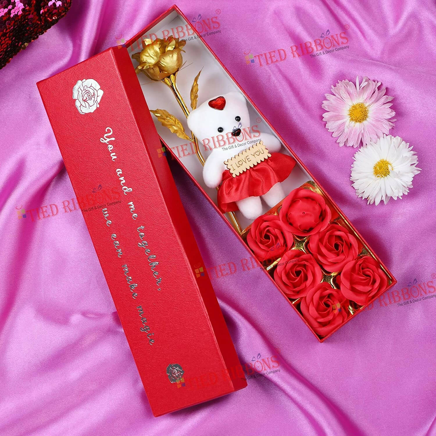 Tied Ribbons Rose Flower Artificial With Teddy - Valentines Day Gift Box - Distacart