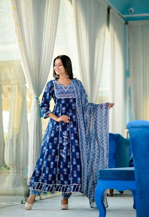 Yufta Women Blue Yoke Design Regular Pure Cotton Kurta with Trouser With Dupatta