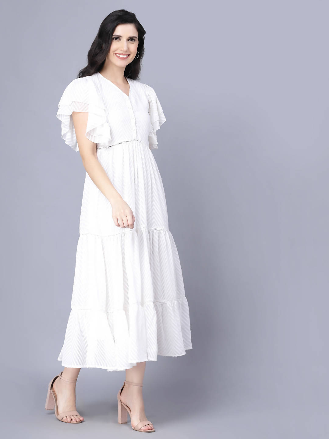 Myshka Georgette Solid Short Sleeve V Neck White Women Dress - Distacart