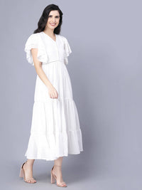 Thumbnail for Myshka Georgette Solid Short Sleeve V Neck White Women Dress - Distacart