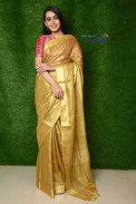 Thumbnail for Very Much Indian Pure Handwoven Organic Tissue Linen Saree - Golden Colour - Distacart