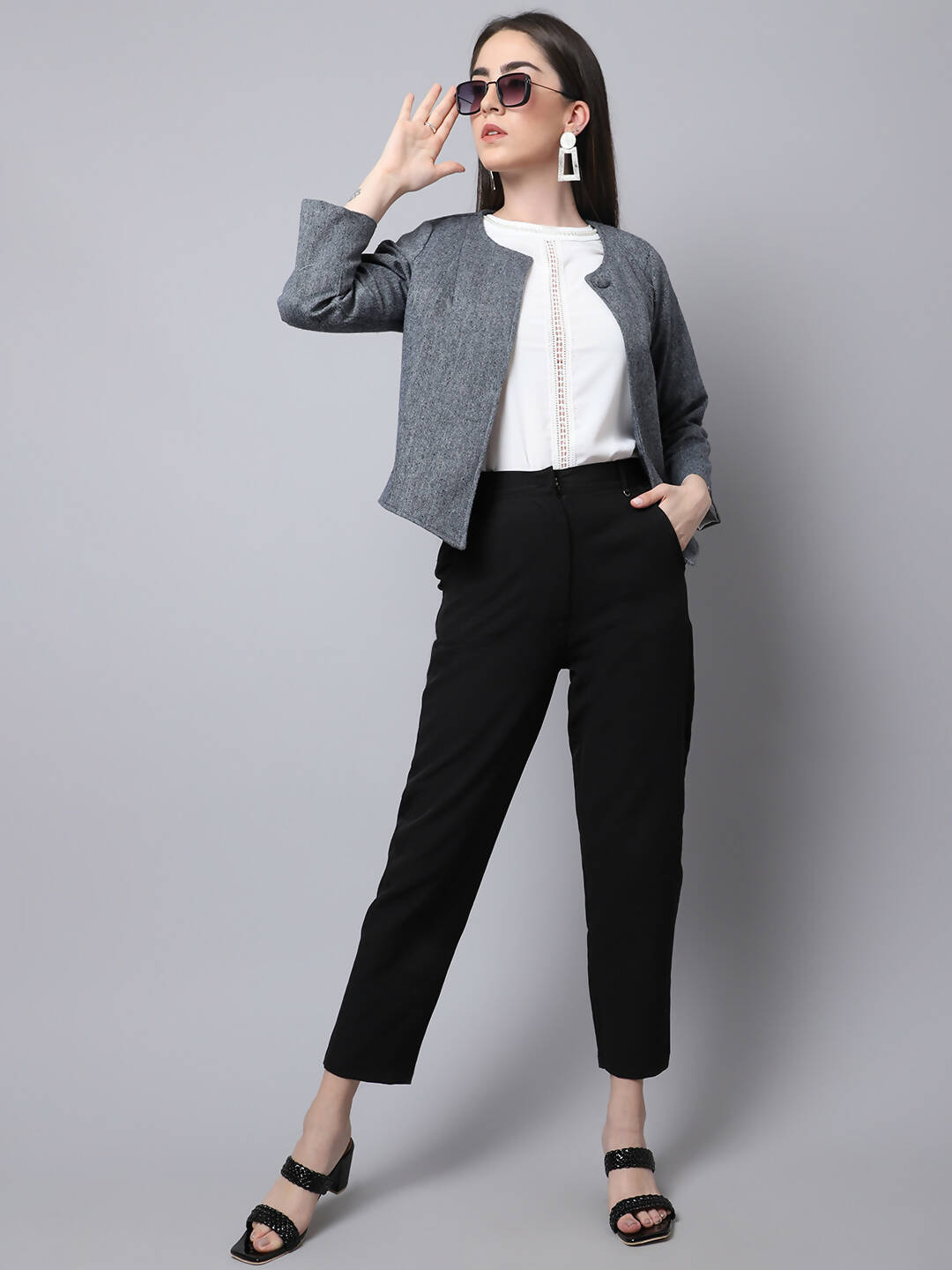 Even Apparels Grey Pure Wool Open Front Statement Jacket - Distacart
