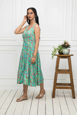 Thumbnail for Myshka Women Green Floral Cotton A-Line Round Neck Long Dress - Distacart