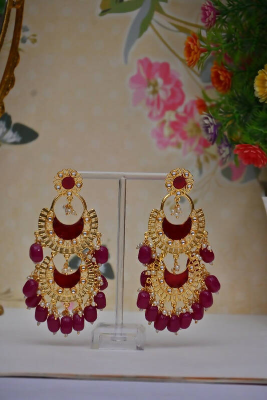 Meenakari Work Gold Plated 2 Layered Beaded Maroon Chandbali Earrings with Kundan and Pearl Work By House of Ree - Distacart