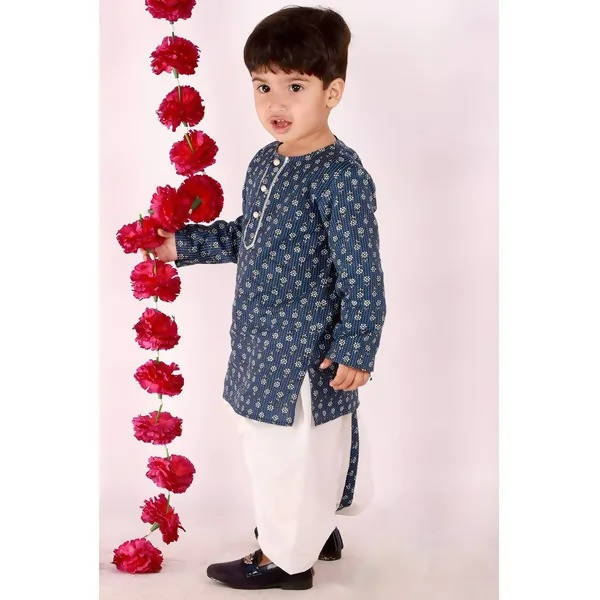 Little Bansi Indigo and White Cplor Bengali Kantha work floral kurta with Dhoti