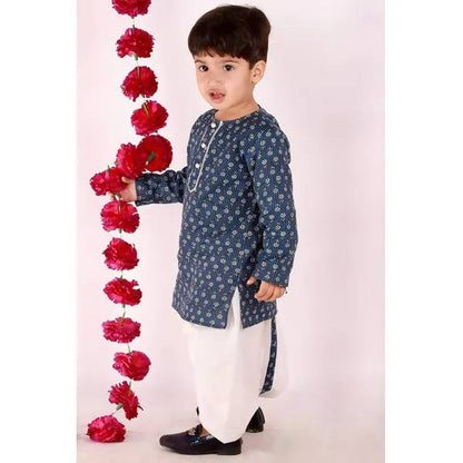 Little Bansi Indigo and White Cplor Bengali Kantha work floral kurta with Dhoti