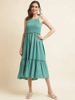 Thumbnail for Light Blue Cotton Solid Flared Dress with Printed Shrug - Yukti - Distacart