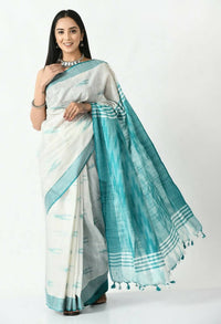 Thumbnail for Mominos Fashion Moeza White & Sea Green Bhagalpuri Handloom Ikat Pure Cotton Saree with unstitched Blouse piece - Distacart