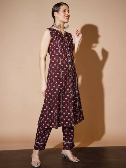 Myshka Women Rust Floral Kurta & Trousers - Distacart