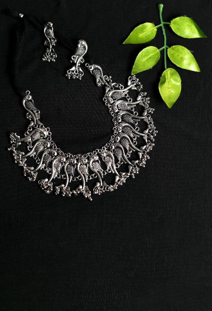 Tehzeeb Creations Oxidised Necklace And Earrings With Fish Design