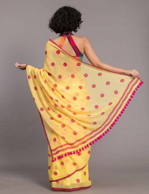 Suta Yellow Pink Polka Printed Pure Cotton Saree - Distacart