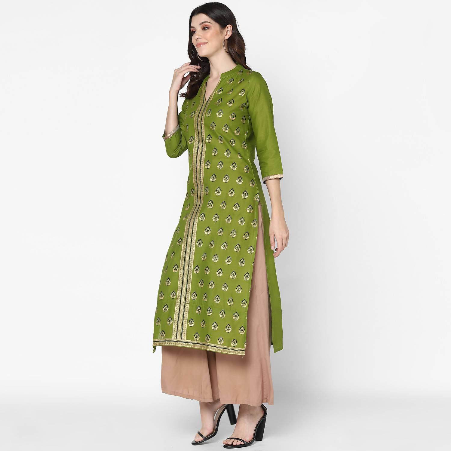 Cheera Hand Block Print Olive Green & Skin Color Straight Kurta With Palazzo (MAAI-070K)