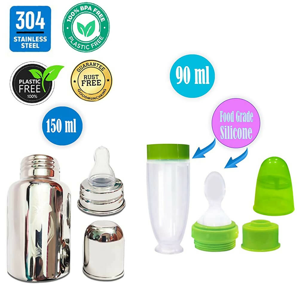 Buy Goodmunchkins Stainless Steel Feeding Bottle With Spoon Food Feeder for  Baby Anti Colic Silicon Nipple Feeder 150 ml Combo Pack-Green Online at  Best Price