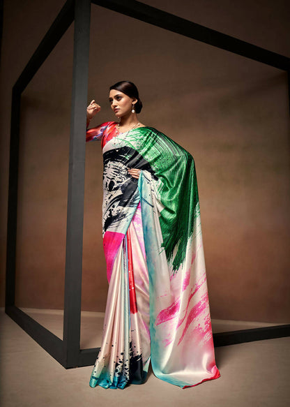 Green Satin Digital Printed Saree with Unstitched Blouse Piece - Jodha - Distacart