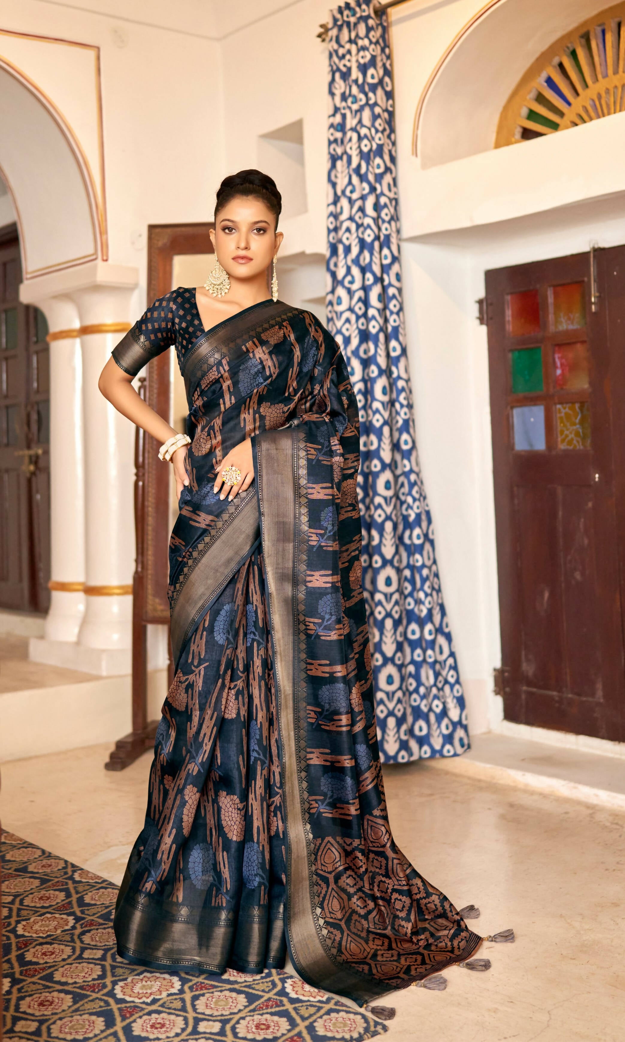 Navy Blue Patta Poly Cotton Floral Printed Saree With Unstitched Blouse Piece - Shades - Distacart