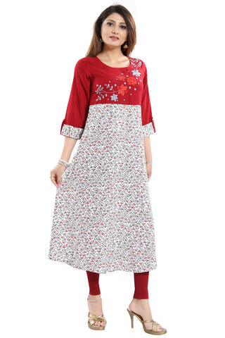 Snehal Creations Magnificent Maroon Rayon Printed Flared Long Tunic - Distacart