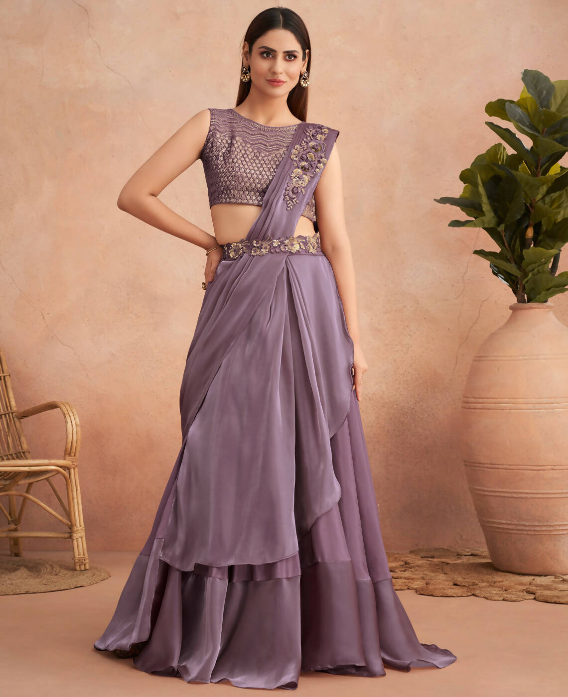 Purple Satin Embroidered Ready To Wear Saree With Unstitched Blouse Piece - Nandika - Distacart