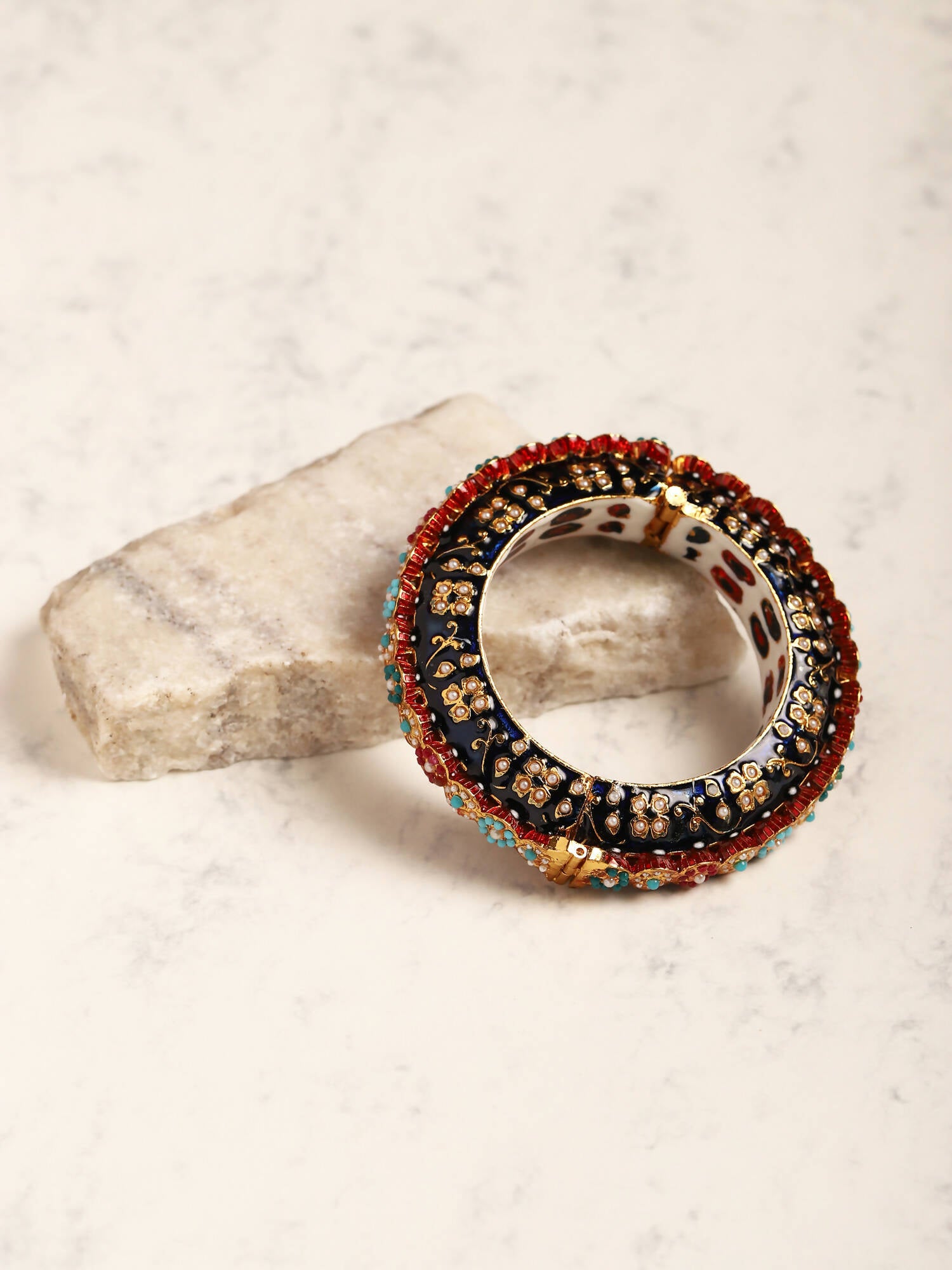 Gold-Plated Blue White Kundan Studded Pearls Beaded Bangle - Ruby Raang - Distacart