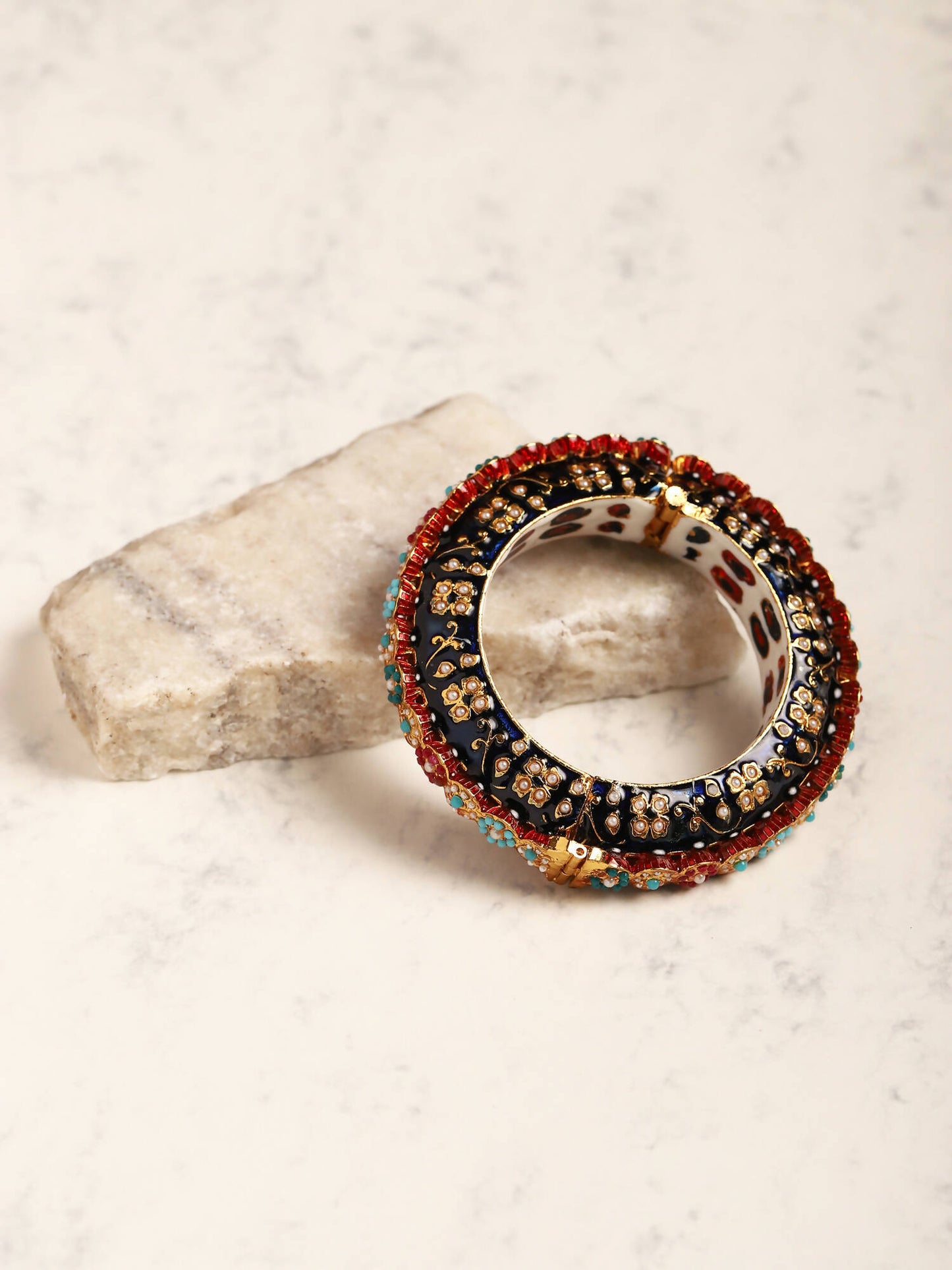 Gold-Plated Blue White Kundan Studded Pearls Beaded Bangle - Ruby Raang - Distacart