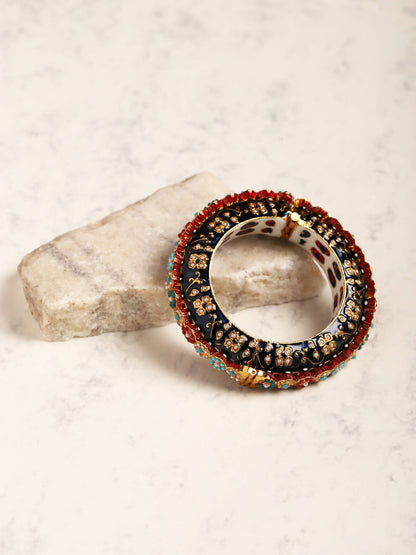 Gold-Plated Blue White Kundan Studded Pearls Beaded Bangle - Ruby Raang - Distacart
