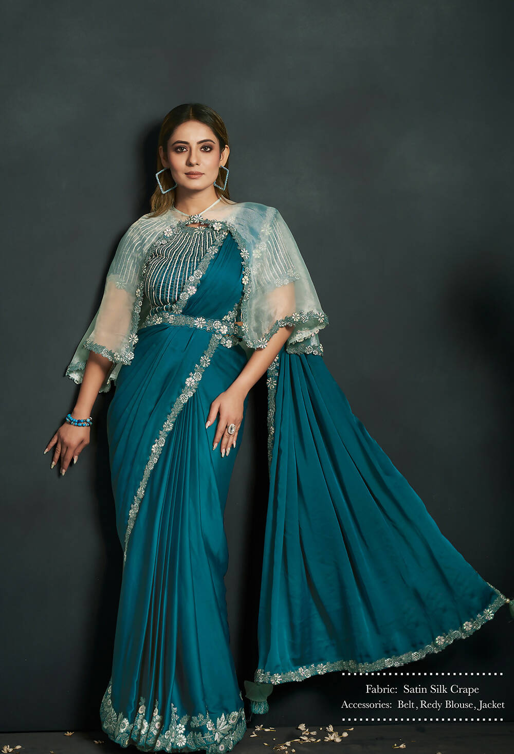 Blue Satin Silk Crepe Cord Sequence & Thread Embroidered & Stone Work Saree - Moh-Manthan Royal Enigma - Distacart