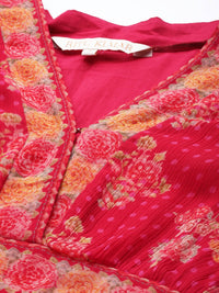 Thumbnail for Ritu Kumar Rose Pink & Mustard Yellow Floral Print V-Neck Flared Sleeves Empire Midi Dress - Distacart