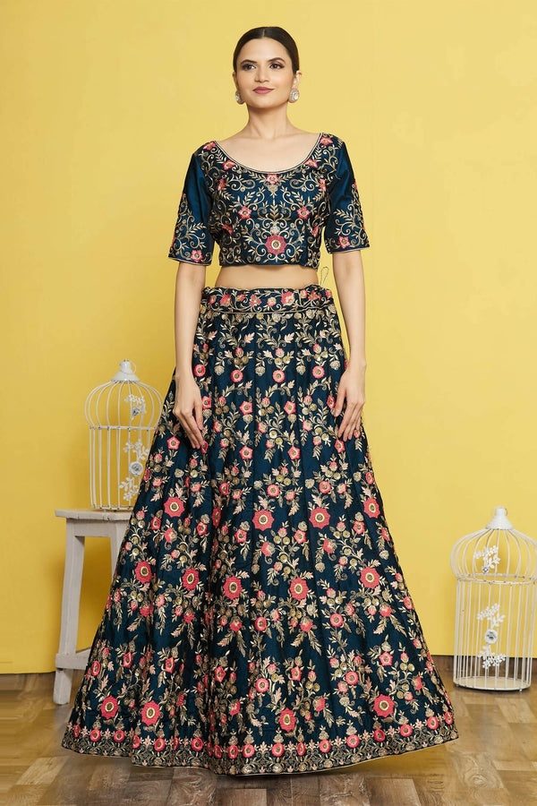 Blue Silk Semi-Stitched Wedding Bridal Lehenga - Nimaya - Distacart