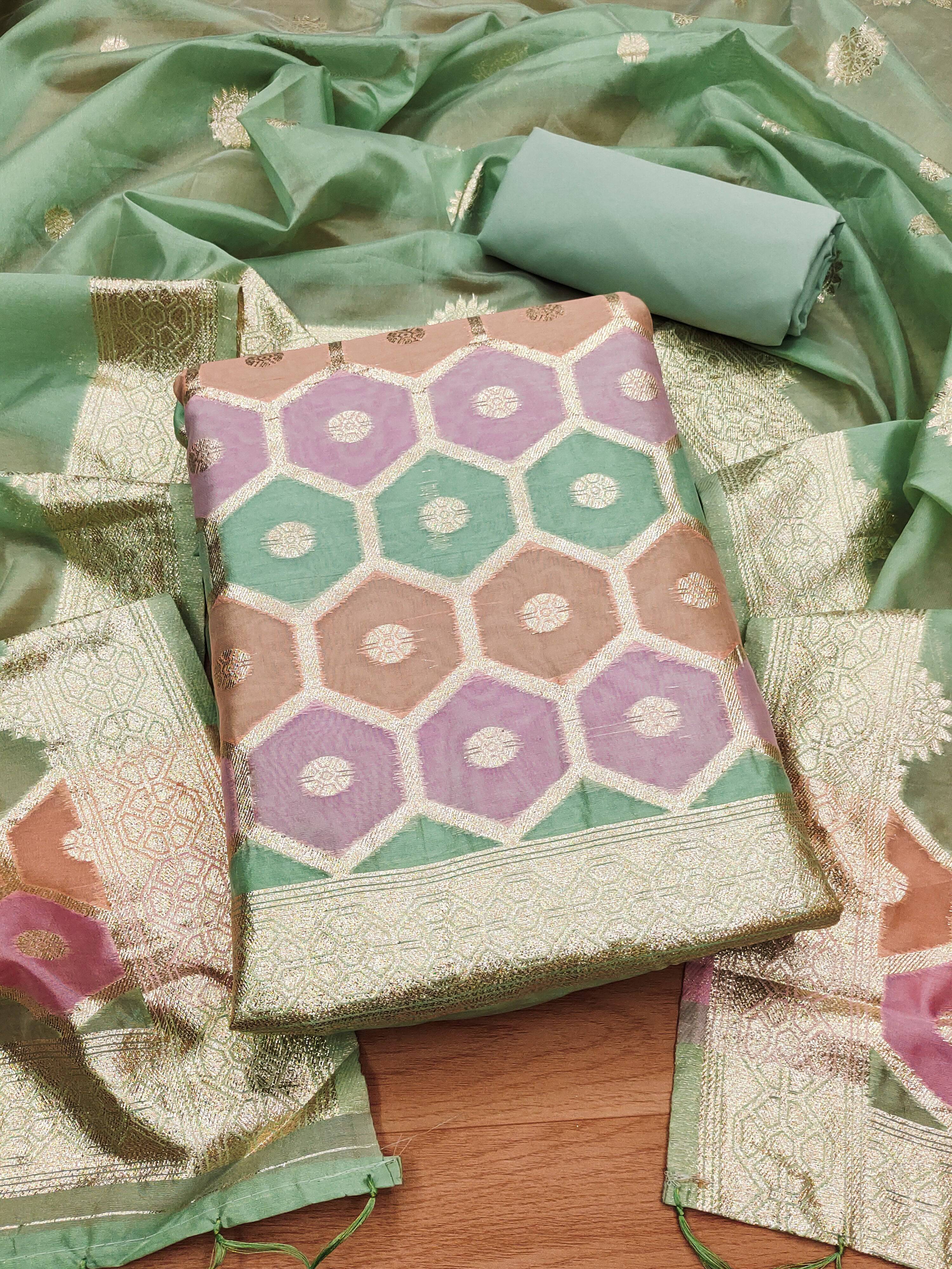 Lorenvalley Fashion Women Zari Woven Organza Suit Unstitched - Green - Distacart