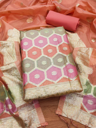 Lorenvalley Fashion Women Zari Woven Organza Suit Unstitched - Peach - Distacart