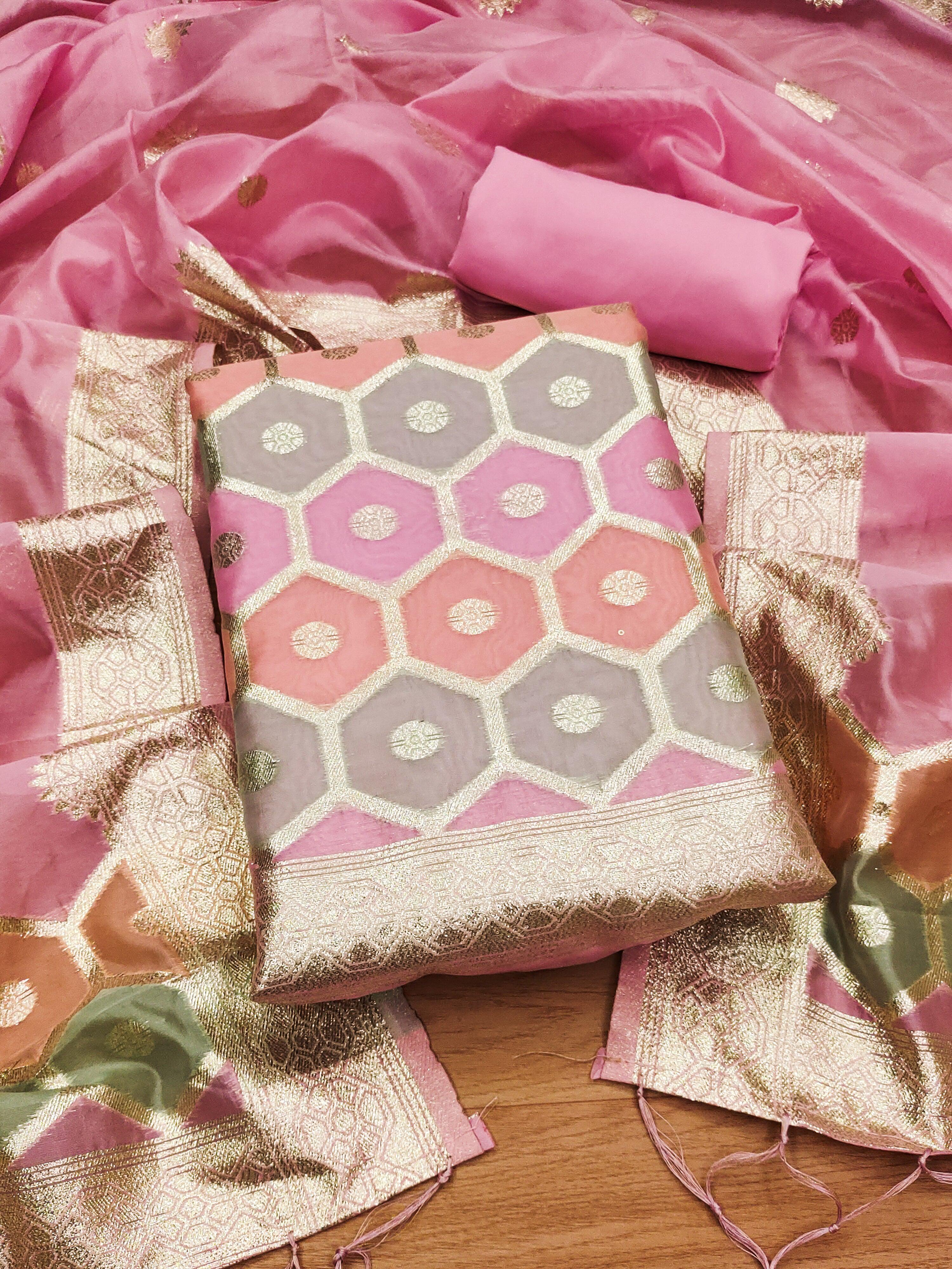 Lorenvalley Fashion Women Zari Woven Organza Suit Unstitched - Pink - Distacart