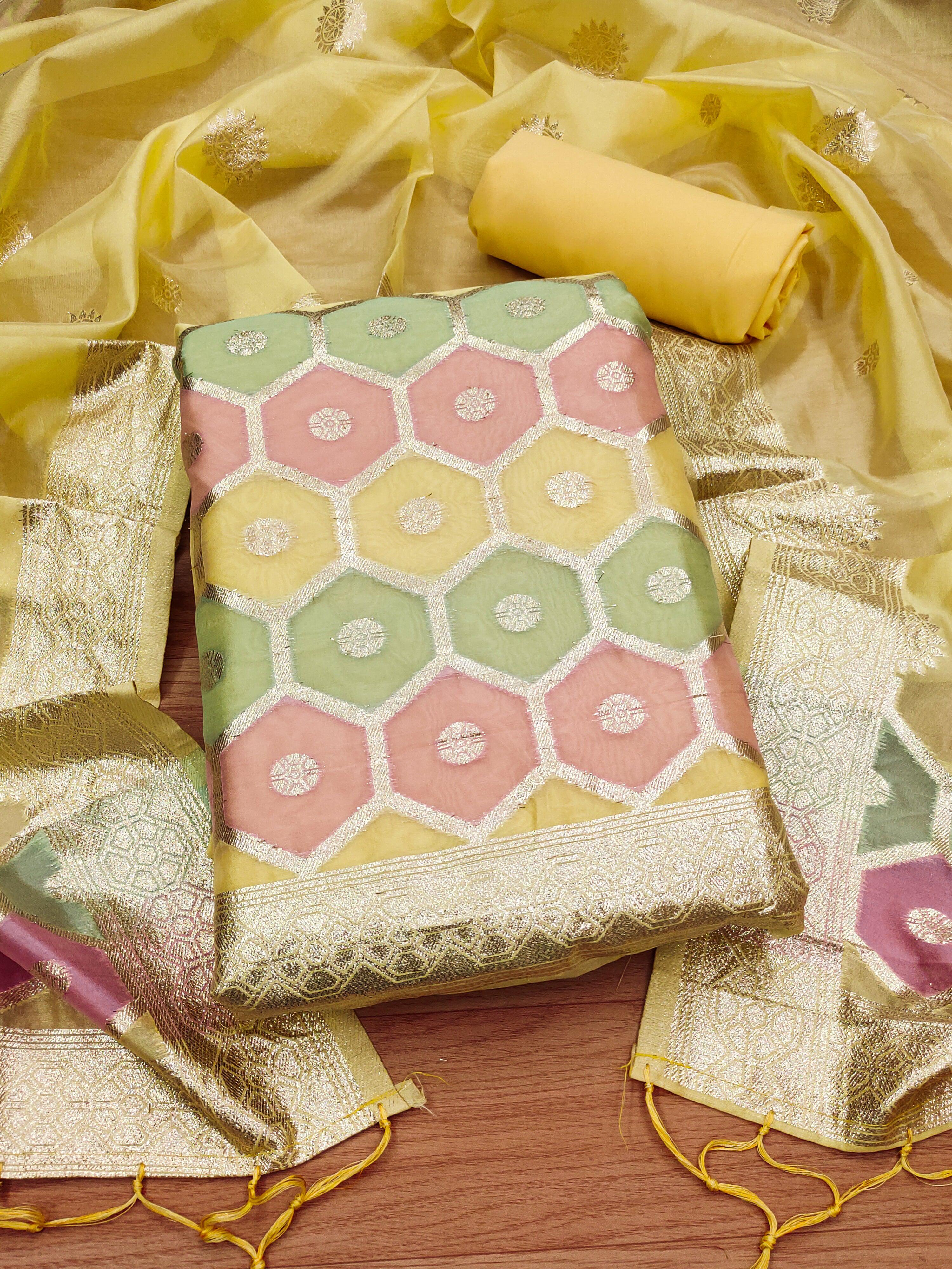 Lorenvalley Fashion Women Zari Woven Organza Suit Unstitched - Yellow - Distacart