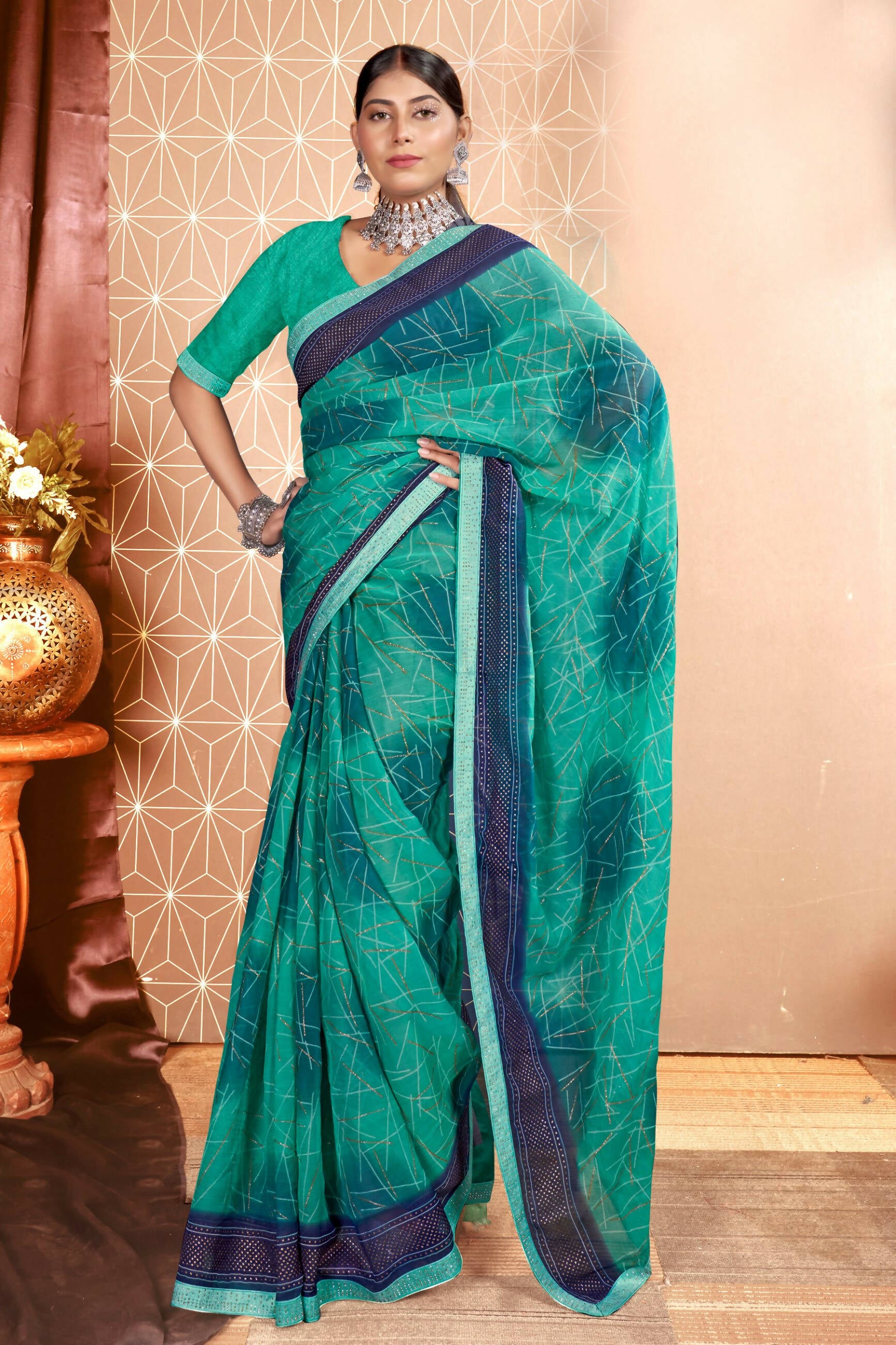 Sea Green Chiffon Abstract Printed Saree With Unstitched Blouse Piece - Rajal - Distacart